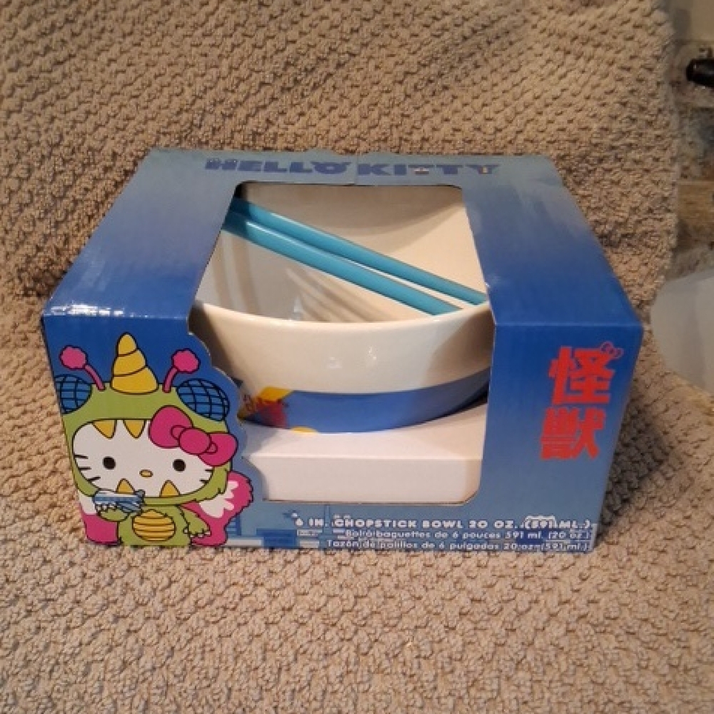 Hello Kitty Blue and White Bowl with Matching Blue Chopsticks